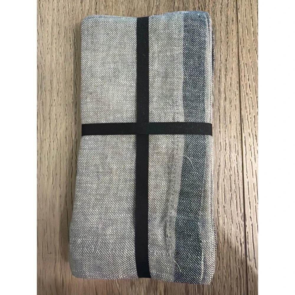 West Elm Contrast Border Linen Napkins Set of 4 Storm Gray Slate Blue 18x18